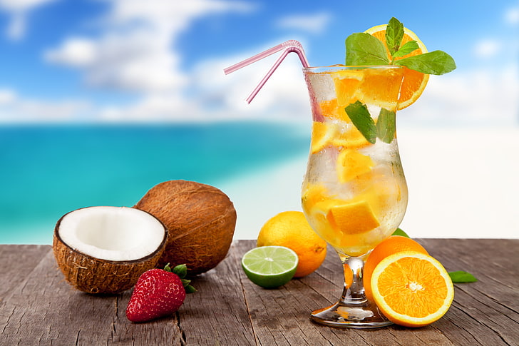 sea, beach, cocktail, summer, fruit, fresh, paradise, drink, tropical, HD wallpaper