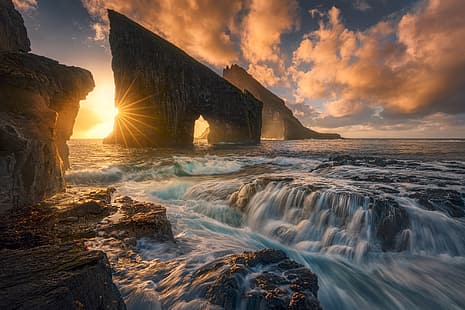 tramonto, l'oceano, rocce, Danimarca, Oceano Atlantico, Isole Faroe, Oceano Atlantico, Drangarnir, Дрангарнир, Sfondo HD HD wallpaper