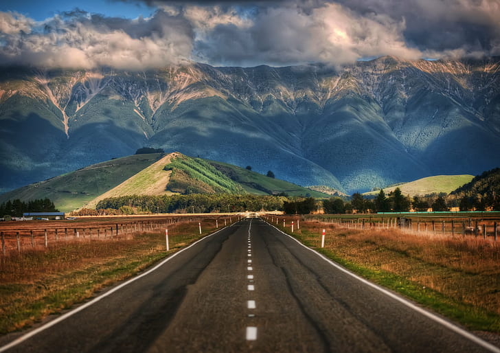 пустая асфальтовая дорога через горы, Длинная дорога, Дорога в, Новая Зеландия, пустая, асфальт, горы, путешествие, гора, природа, дорога, пейзаж, пейзажи, на открытом воздухе, шоссе, сельская Сцена, лето, HD обои