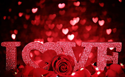 valentines day, love, inscription, rose, petals, romance, hearts, glitter, red love text table decor, valentines day, love, inscription, rose, petals, romance, hearts, glitter, HD wallpaper HD wallpaper
