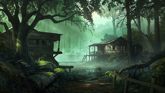 art, artwork, forest, dark, houses, trees, HD wallpaper HD wallpaper