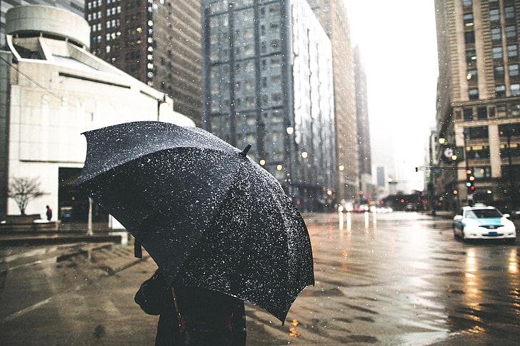 black and gray umbrella, umbrella, city, rain, HD wallpaper