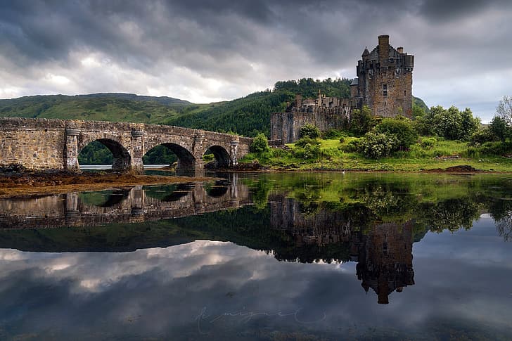 bridge, island, spring, Scotland, the Eilean Donan castle, the Lough Duich, HD wallpaper