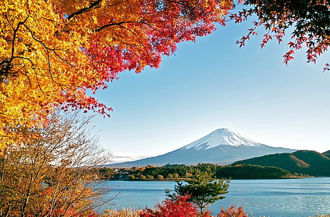 Volcanoes, Mount Fuji, Colors, Fall, Fujiyama, Japan, Leaf, HD wallpaper HD wallpaper