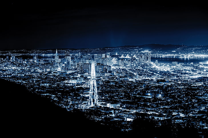 foto udara kota, lanskap kota, San Francisco, lampu, malam, Ernest Karchmit, pemandangan udara, kota, AS, Wallpaper HD
