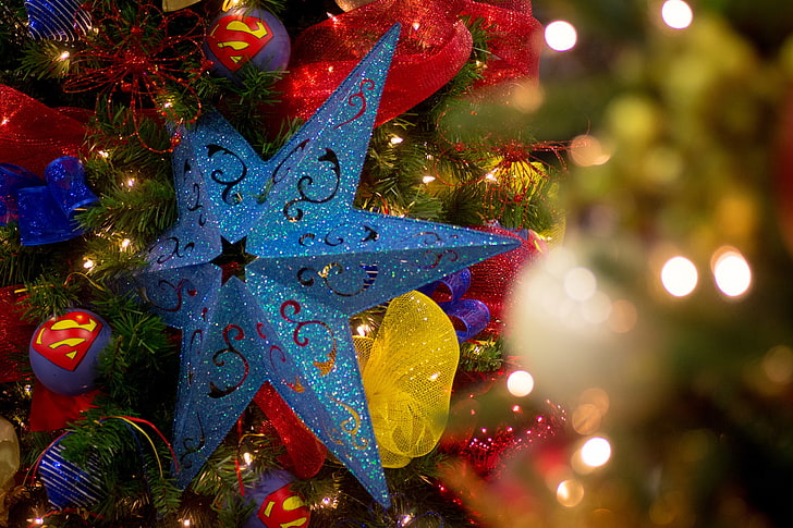blue star ornament, decoration, star, tree, HD wallpaper