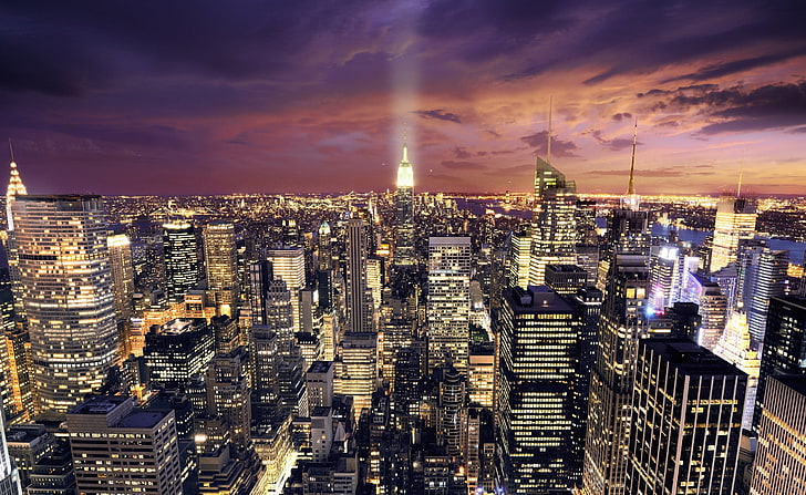Gece Manhattan Havadan Görünümü HD Duvar Kağıdı, gri beton binalar, Şehir, Görünüm, Gece, Hava, Manhattan, HD masaüstü duvar kağıdı