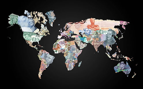 ملصق الأوراق النقدية لخريطة العالم والمال والبلدان، خلفية HD HD wallpaper