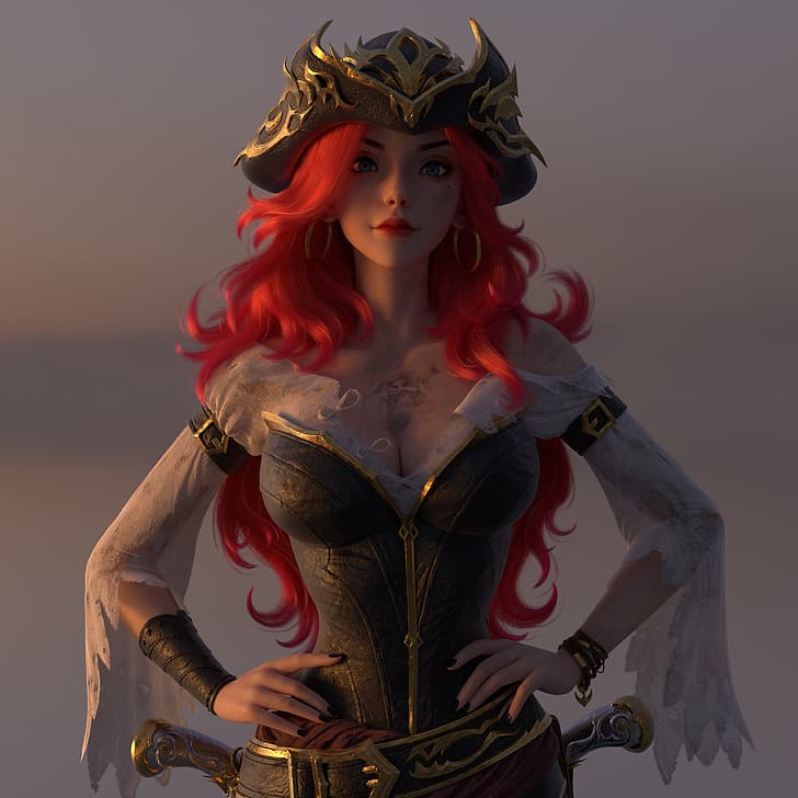 Ye Chaofan, CGI, women, Miss Fortune (League of Legends), League of Legends, hat, redhead, dirty, cleavage, pirates, simple background, black nails, HD wallpaper