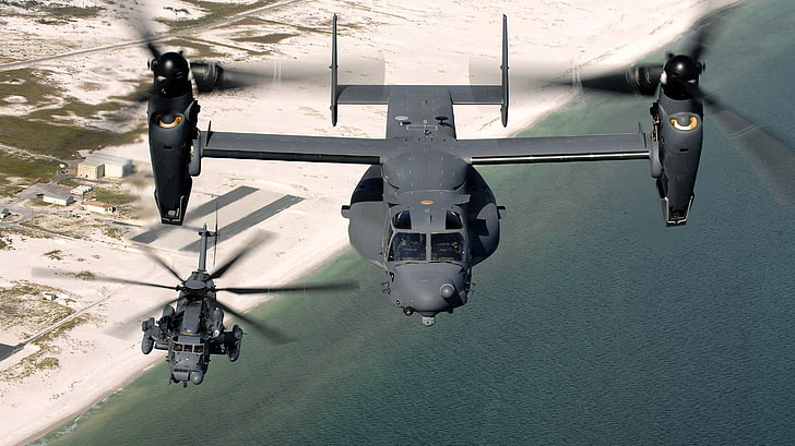 два сиви хеликоптера, военни, CV-22 Osprey, MH-53 Pave Low, самолети, военни самолети, HD тапет