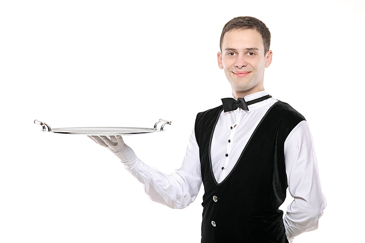 men's black waistcoat, waiter, tray, white background, HD wallpaper