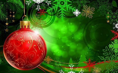新年、クリスマス、飾り、球、赤、緑、雪片、赤い安物の宝石、新年、クリスマス、飾り、球、緑、雪、 HDデスクトップの壁紙 HD wallpaper