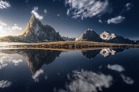 cuerpo de agua, montañas, paisaje, naturaleza, azul, cielo, reflejo, agua, nubes, Fondo de pantalla HD HD wallpaper