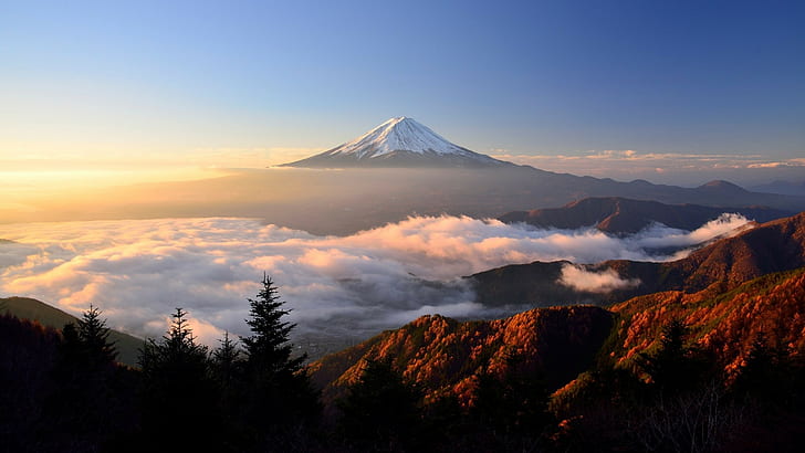 Góra Fuji, chmury, drzewa, niebo, natura, krajobraz, mgła, światło słoneczne, widok z góry, Japonia, wschód słońca, góry, wysokości, Tapety HD