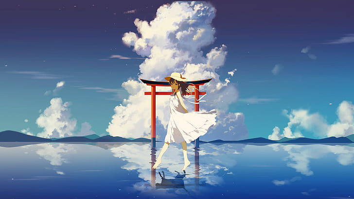 Anime, Anime Mädchen, Himmel, Reflexion, Kleid, weißes Kleid, Wasser, Wolken, draußen, barfuß, HD-Hintergrundbild