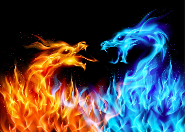 red and blue dragon fire digital wallpaper, dragon, HD wallpaper