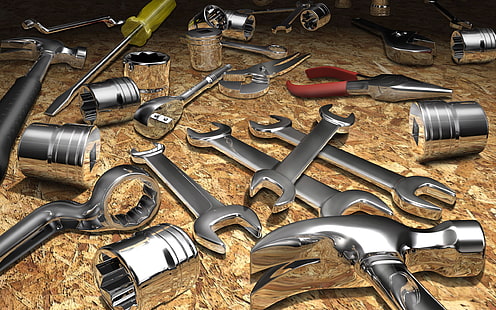 assortiment d'outils à main en métal, métal, abstraction, Shine, clé, marteau, outil, réparation, chrome, tournevis, la pince, le piston, Nickel, Fond d'écran HD HD wallpaper