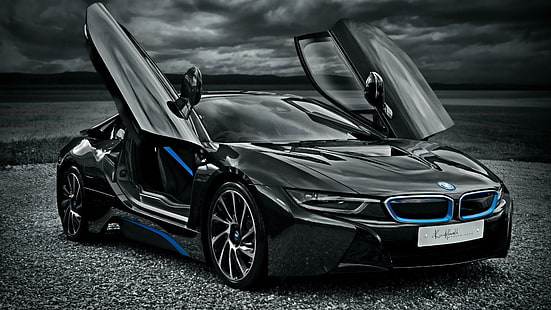 bmw, bmw i8, supercar, voiture noire, voiture de luxe, nuage, sombre, Fond d'écran HD HD wallpaper