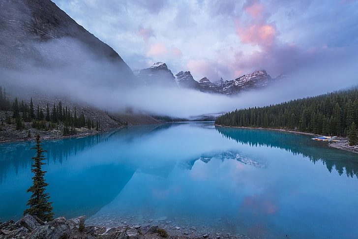 lago, azul, agua, naturaleza, paisaje, montañas, cian, aguas tranquilas, niebla, Fondo de pantalla HD