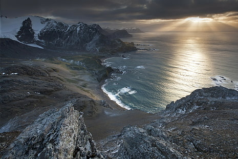 المناظر الطبيعية الطبيعة شاطئ خليج البحر الغروب جبل ثلجي ذروة أشعة الشمس الساحل جنوب جورجيا جزيرة المملكة المتحدة، خلفية HD HD wallpaper