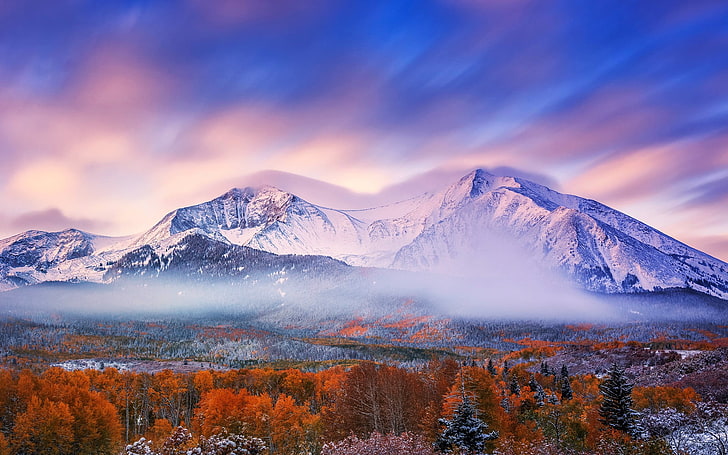 pintura de montanha coberta de neve, paisagem, manhã, montanhas, inverno, céu, natureza, HD papel de parede