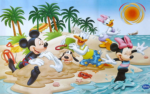 Donald Duck Daisy Duck Mickey Mouse Minnie Aand Goofy Летни приключения на плажа карикатура Wallpaper HD 1920 × 1200, HD тапет HD wallpaper