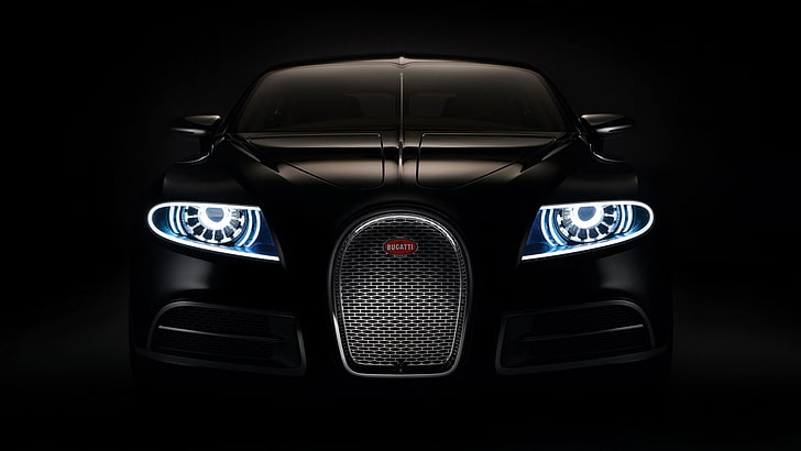 черен спортен автомобил, Bugatti, автомобил, черни автомобили, превозно средство, черен фон, HD тапет
