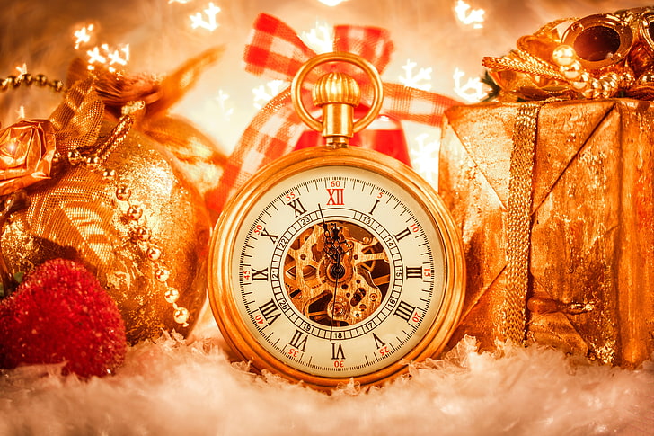 gold-colored pocket watch, watch, gifts, Christmas decorations, HD wallpaper