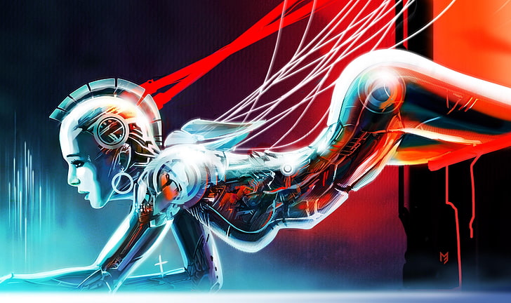 robot illustration, girl, robot, cyborg, lie, HD wallpaper