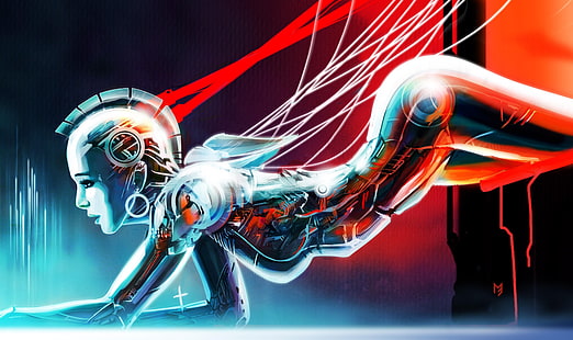 illustrazione di robot, ragazza, robot, cyborg, bugia, Sfondo HD HD wallpaper