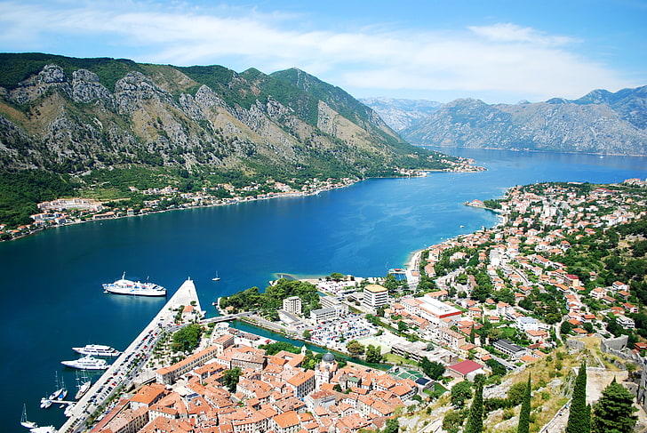 aerial photography of village beside river, mountains, shore, home, Bay, panorama, liner, boats, Montenegro, Kotor, HD wallpaper