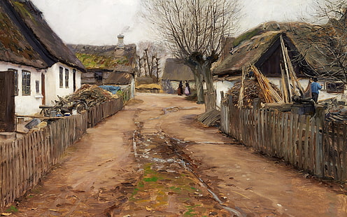 1911 년 덴마크 화가, 덴마크 현실주의 화가, Hans Andersen Brendekilde, 캔버스 오일, 이른 봄 마을 장면, 이른 봄 마을 장면, HD 배경 화면 HD wallpaper
