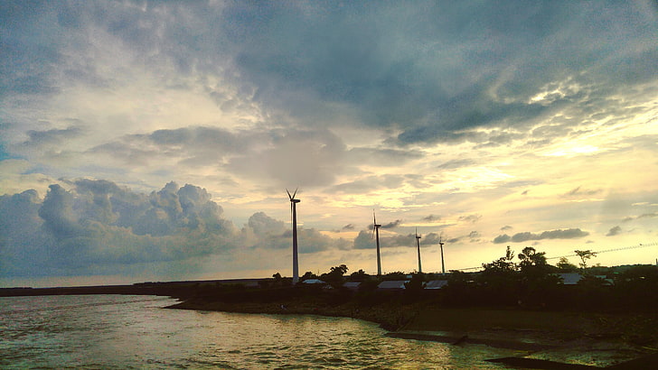 Bangladesh, molino de viento, nubes, puesta de sol, Fondo de pantalla HD