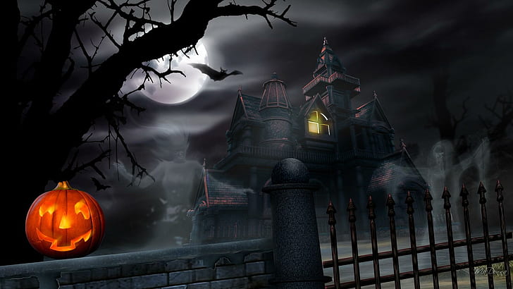 Haunted Halloween House, ljus, fullmåne, jack o-lykta, sprit, halloween, staket, träd, pumpa, spöklik, spöken, fladdermöss, HD tapet