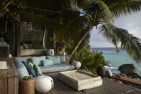 Przytulna willa przy plaży, wyspa, widok, egzotyczny, tropikalny, wyspy, przytulny, plaża, ocean, willa, od frontu, luksus, raj, relaks, Tapety HD HD wallpaper