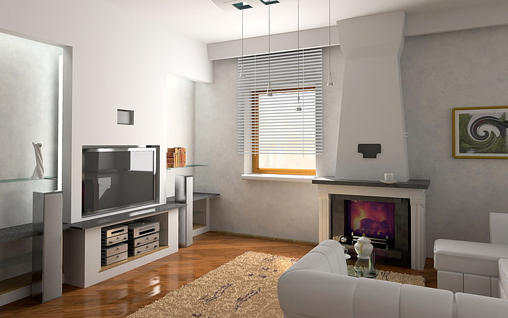 flat screen TV, living room, furniture, design, white, HD wallpaper