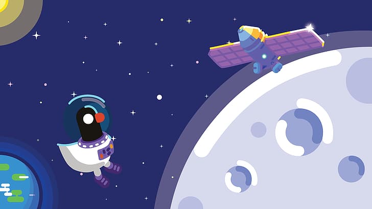 Kurzgesagt – In a Nutshell, digital art, artwork, digital, astronaut, birds, satellite, Moon, Earth, planet, space, HD wallpaper