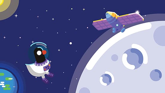 Kurzgesagt - Накратко, цифрово изкуство, произведения на изкуството, дигитално, астронавт, птици, сателит, Луна, Земя, планета, космос, HD тапет HD wallpaper