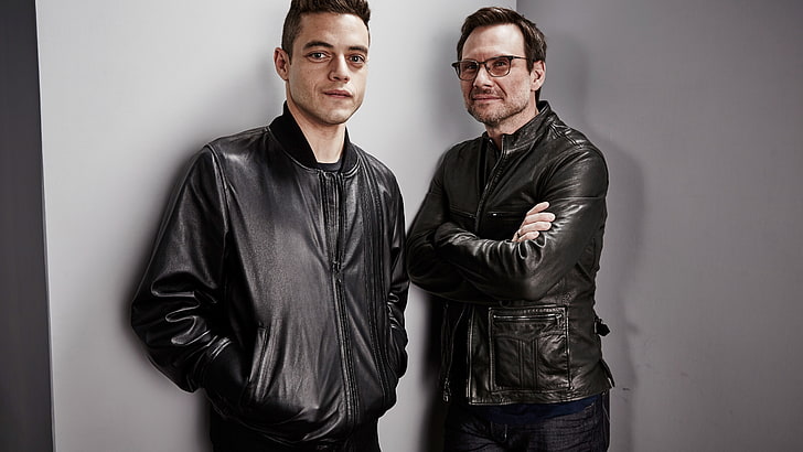 dois homens de jaqueta de couro preta, Mr. Robot 2 temporada, Emmy 2016, Christian Slater, Elliot Alderson, Rami Malek, melhor série de TV, HD papel de parede