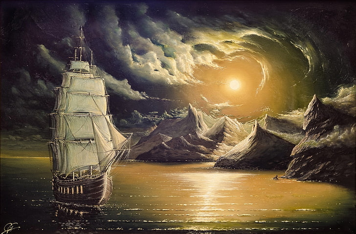 Ilustración de barco galeón blanco y marrón, artesanía, arte, mal tiempo, Fondo de pantalla HD