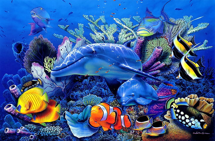 изкуство, християнин, корали, делфини, делфини, фантазия, риба, Ласен, Океания, Riese, море, под вода, HD тапет