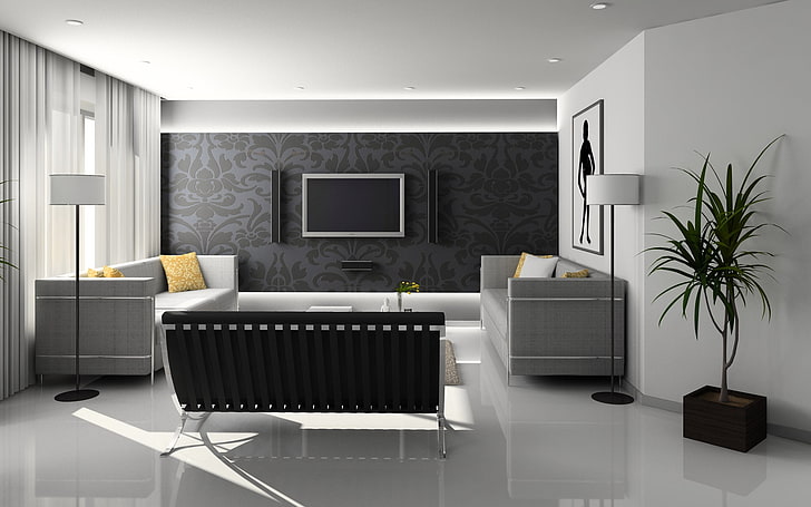 flat screen TV, living room, room, style, sofa, tv, interior, HD wallpaper