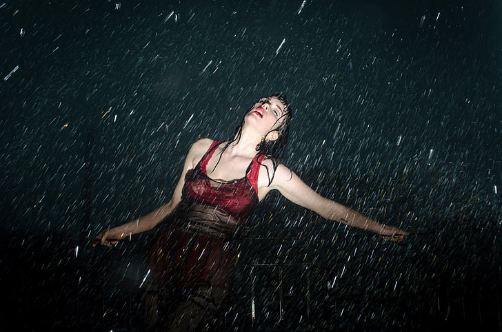 жени, дъжд, мокро тяло, затворени очи, модел, HD тапет
