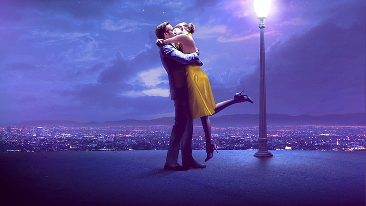 La La Land digital wallpaper, Movie, La La Land, Emma Stone, Hug, Kiss, Ryan Gosling, HD wallpaper