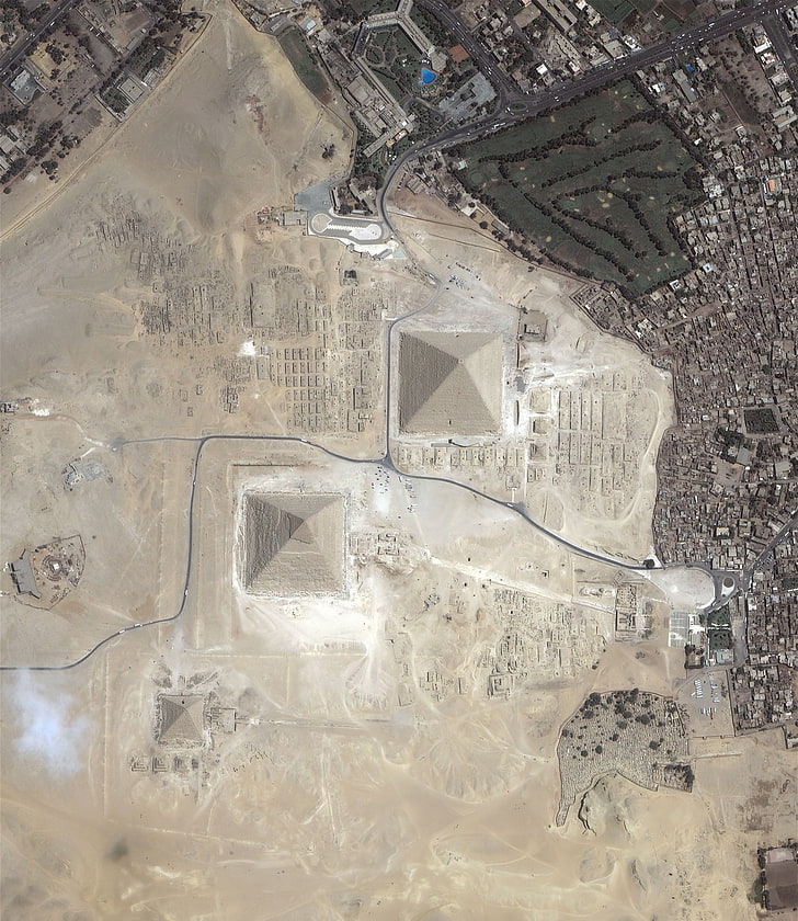 Vista aérea de pirámide y tierra, pirámides de Giza, Egipto, Fondo de pantalla HD, fondo de pantalla de teléfono