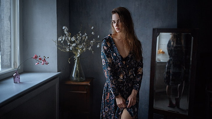 mulheres, modelo, Georgy Chernyadyev, vestido, flores, vestido de flor, HD papel de parede