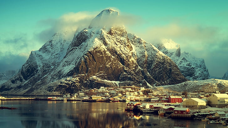 krajobraz, Reine Fjord, szczyt, Reine, Lofoty, Norwegia, zima, pasmo górskie, Europa, wioska, Natura, atrakcja turystyczna, Reinefjord, Zamontuj scenerię, fiord, woda, odbicie, Góra, górzyste ukształtowania terenu, niebo, Tapety HD