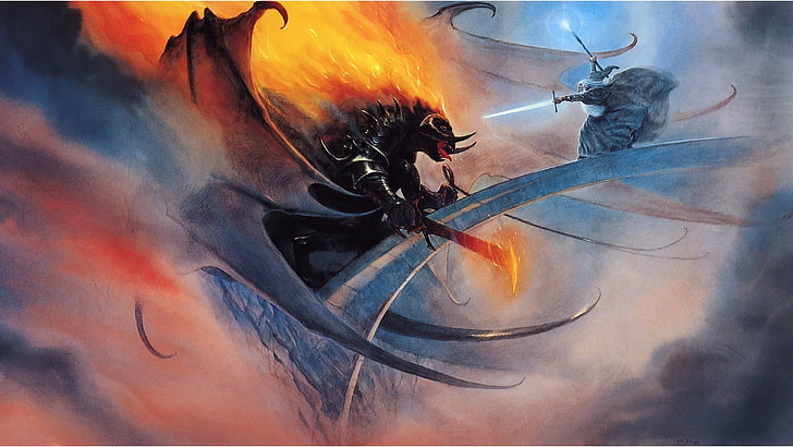 mężczyzna trzymający miecz przed czarnym potworem tapeta, Gandalf, Balrog, fantasy art, Władca Pierścieni, John Howe, Tapety HD
