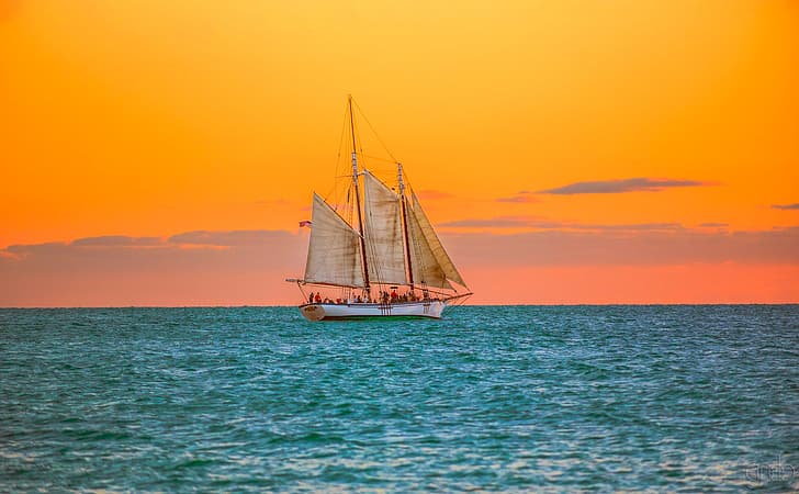 tramonto, l'oceano, barca a vela, Florida, Oceano Atlantico, Sfondo HD