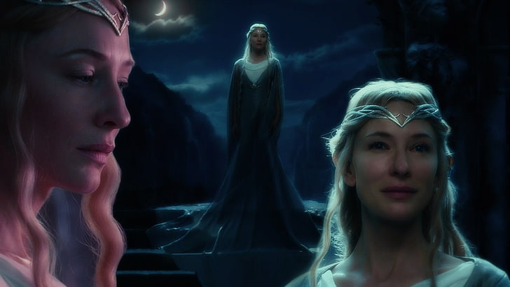 close up photo of woman wearing black long dress, Galadriel, Cate Blanchett, The Hobbit: An Unexpected Journey, collage, movies, HD wallpaper